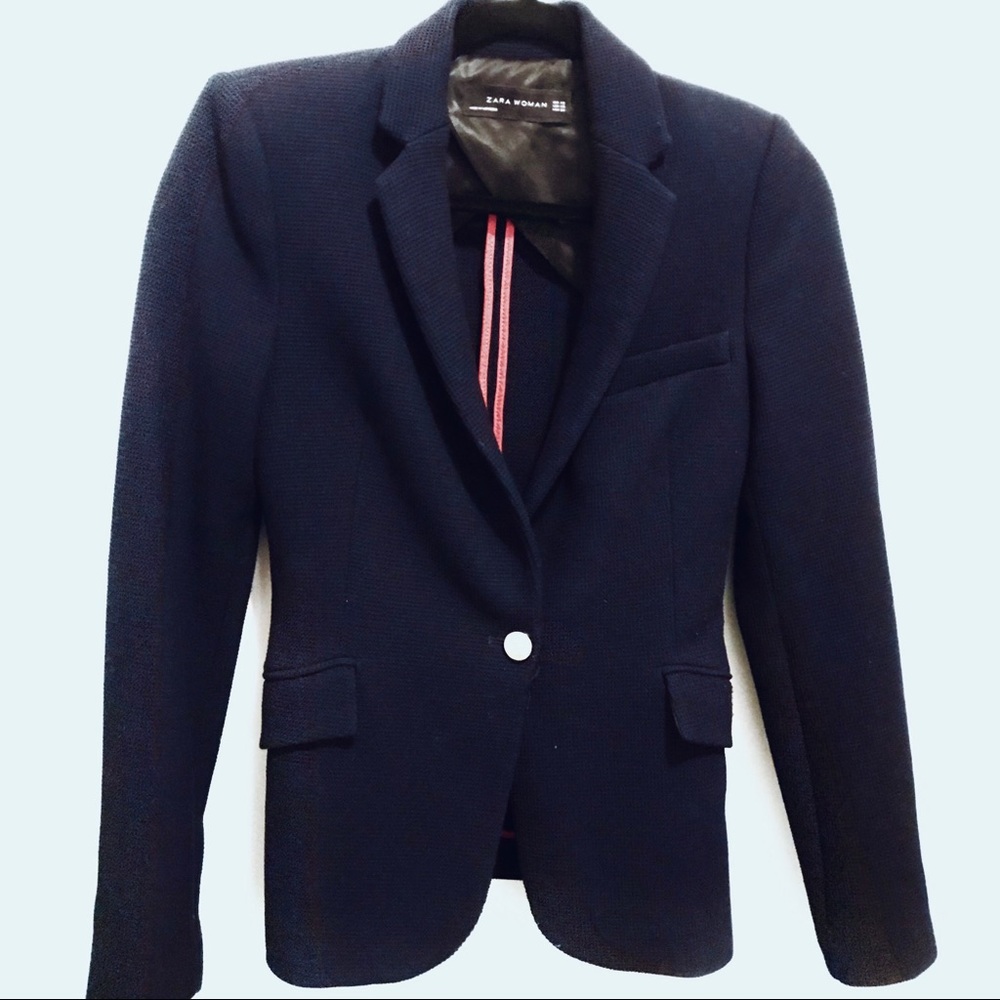 Zara Waffle Blazer in Navy With Gold Buttons
